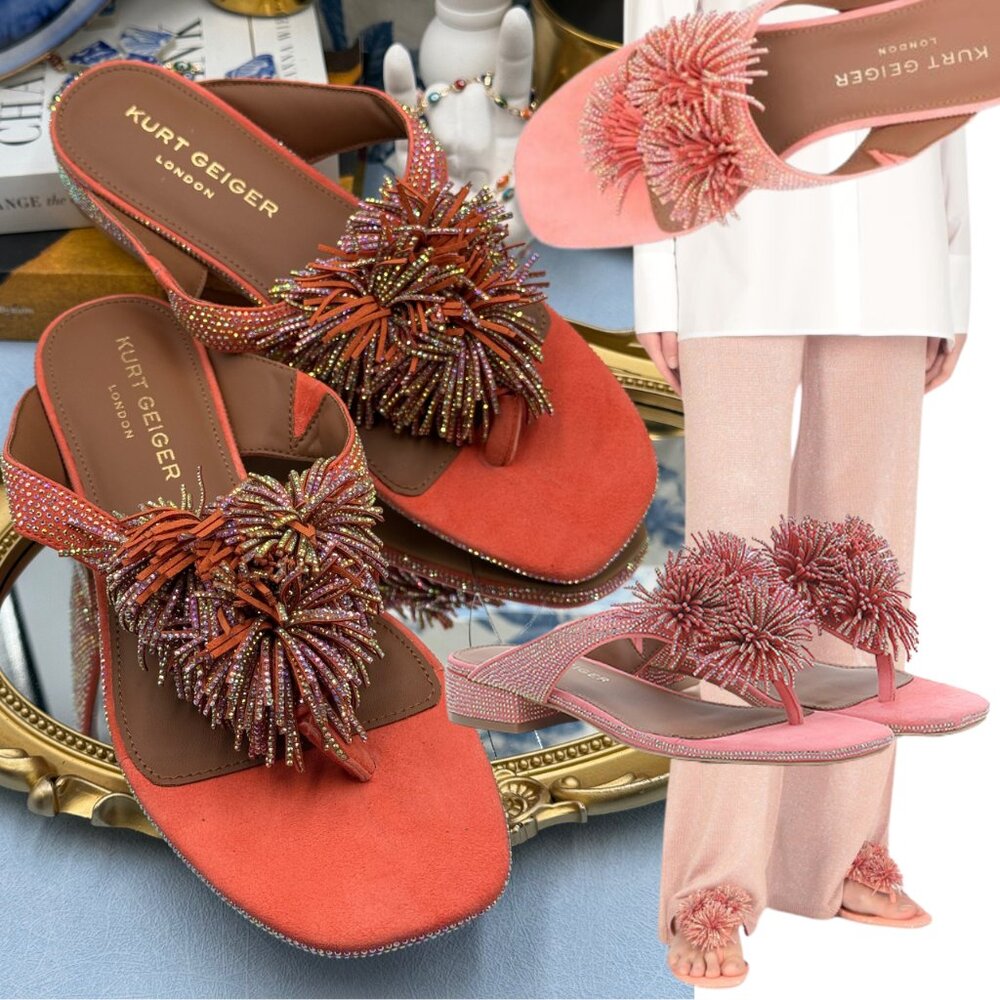 Kurt Geiger Coral Beaded Pom Pom Slide Sandals